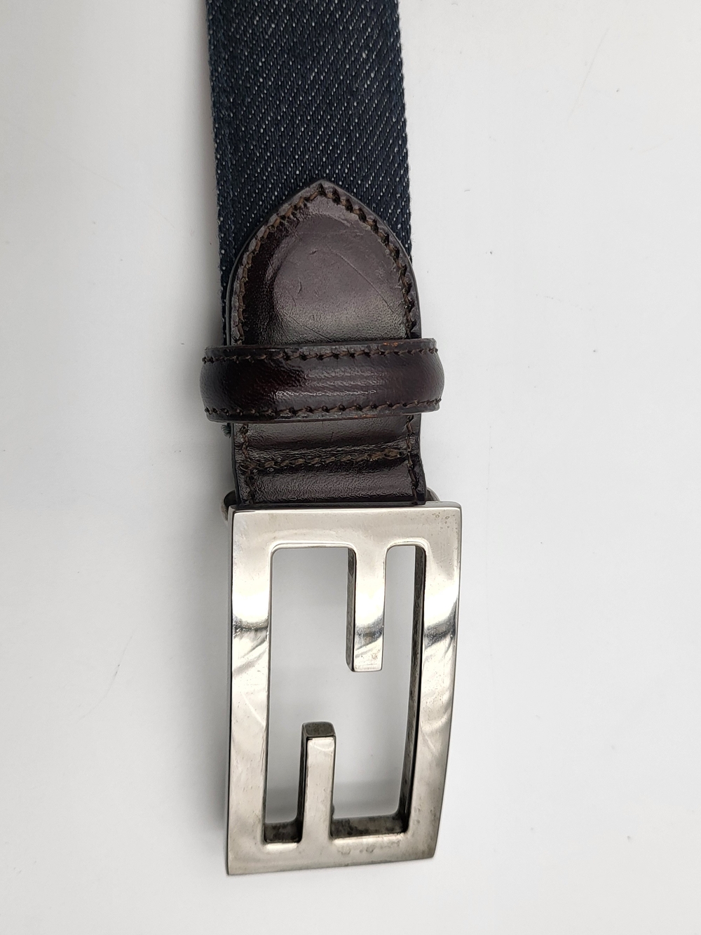 Fendi Dark Denim and Brown Leather Belt with Silver Buckle..Authentic - Picture 2 of 7